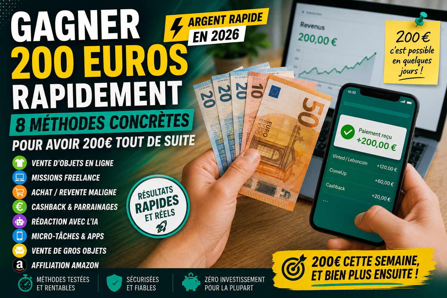 Gagner 200 euros rapidement en 2026 : billets de 10, 20 et 50€ et paiement de 200€ reçu sur téléphone - 8 méthodes concrètes