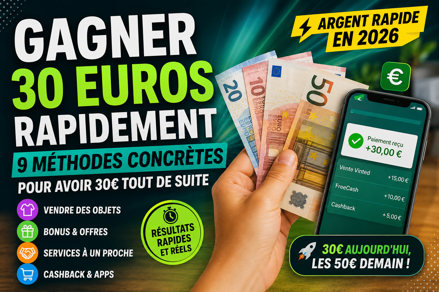 Gagner 30 euros rapidement en 2026 : billets de 10, 20 et 50€ et paiement de 30€ reçu sur téléphone - 9 méthodes concrètes