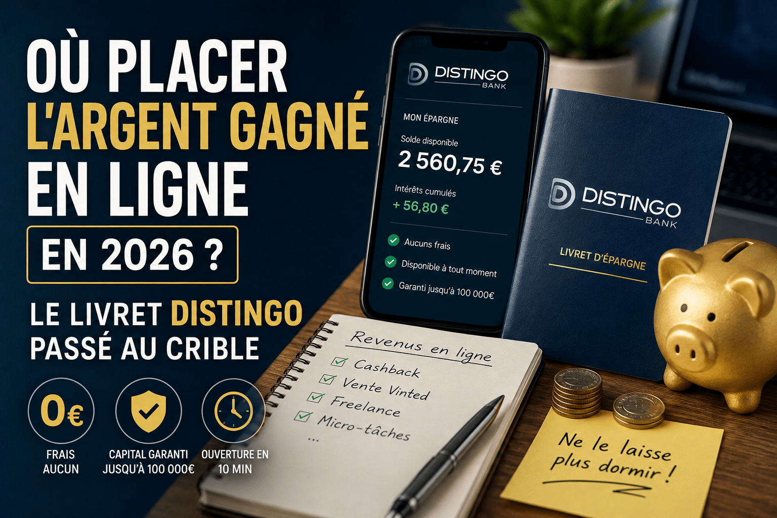 Où placer l'argent gagné en ligne en 2026 : livret d'épargne Distingo, 0€ de frais, capital garanti jusqu'à 100 000€, ouverture en 10 minutes